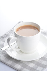 hot cocoa chocolate, milk tea, milk coffee kopi mocha latte cappuccino in white cup on grey cloth white background asian beverage halal food drink menu for hotel bar