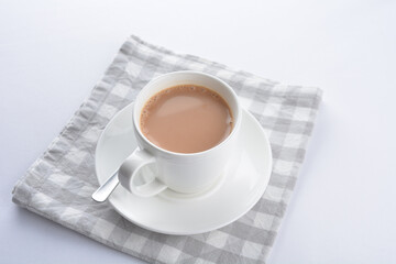 hot cocoa chocolate, milk tea, milk coffee kopi mocha latte cappuccino in white cup on grey cloth white background asian beverage halal food drink menu for hotel bar