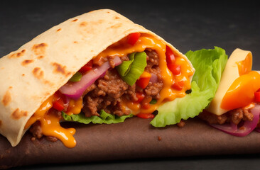Obraz premium Traditional mexican burrito with beef on dark background