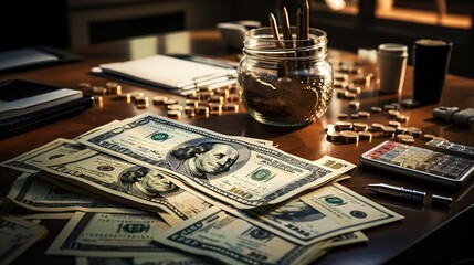 A large bundle of dollars lies on an expensive wooden desktop on dark background
