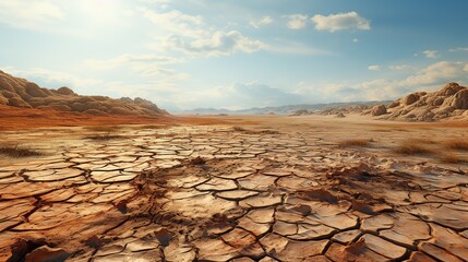 Scorching sun, heat cracked earth, desert drought, oppressive tense situation. Problem of water scarcity and global warming