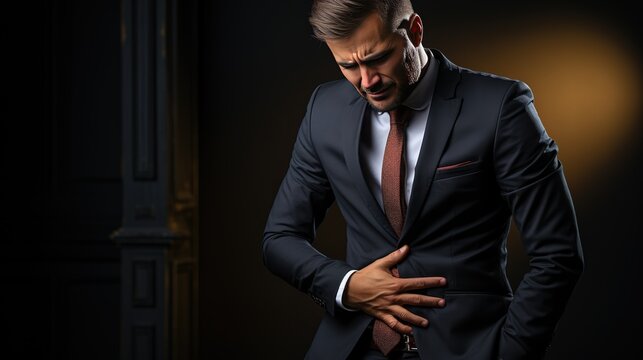 A man in business suit holding his stomach, a sharp pain in the abdomen. feels uncomfortable. Health problems, healthcare	