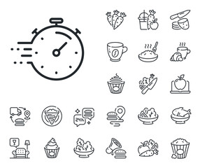 Time management sign. Crepe, sweet popcorn and salad outline icons. Timer line icon. Stopwatch symbol. Timer line sign. Pasta spaghetti, fresh juice icon. Supply chain. Vector