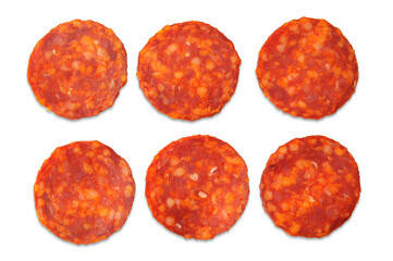 Slices of Kulen on a white background - a delicious, traditional type of flavored sausage made of...