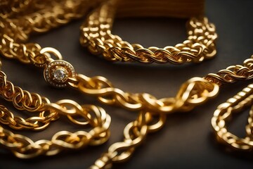 A gleaming, intricately patterned golden necklace resting atop a velvety crimson cushion, softly illuminated by a cascade of sunlight streaming through a nearby window.