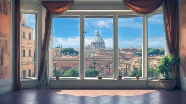 city ​​view from inside, seamless looping video background animation, cartoon style