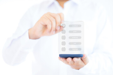 Business people choose i rate excellence through online assessment form, customer service experience and business satisfaction survey concept.