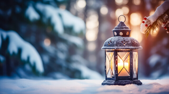 Weihnachten, Winter, Familienfest be einer Laterne. Generiert mit KI