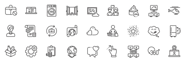 Fototapeta na wymiar Icons pack as Settings blueprint, Refrigerator timer and Global business line icons for app include Touchscreen gesture, Uv protection, Helicopter outline thin icon web set. Vector