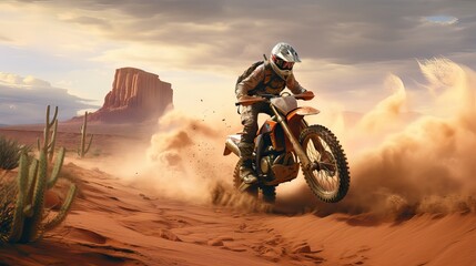 A determined motocross rider accelerating on a dirt track, kicking up dust and gravel as they push for victory. Generative AI