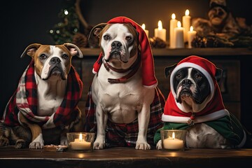 dog and cat dressed in Santa outfits gathered around a beautifully Christmas tree