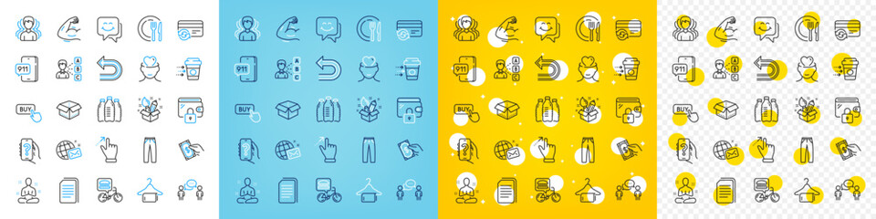 Vector icons set of Pay money, Coffee delivery and World mail line icons pack for web with Creativity, Copy files, Yoga outline icon. Undo, Food delivery, Group pictogram. Vector