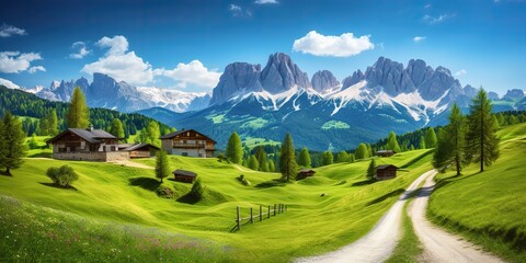 AI Generated. AI Generative. Green hill mountain nature outdoor house countryside landscape view. Graphic Art