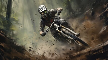 An adventurous mountain biker, covered in mud, skillfully descending an extreme slope at high speed. Generative AI