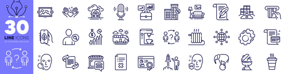 Fototapeta premium Face search, Ecology app and Feather line icons pack. Food market, Marketing, Building web icon. Reject file, Settings gears, Seo certificate pictogram. Elephant on ball. Design with pen tool. Vector