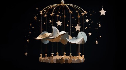 A mesmerizing children's mobile adorned with glowing celestial figures such as stars, moons, and other heavenly bodies. Generative AI