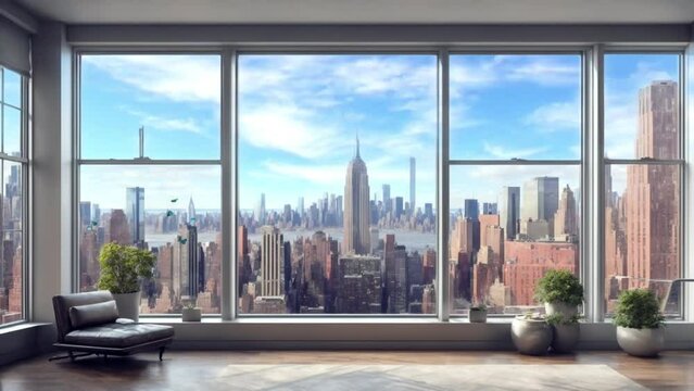 view from the window of a hotel city landscape, seamless looping video background animation, cartoon style