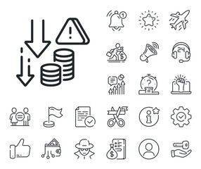 Economic crisis sign. Salaryman, gender equality and alert bell outline icons. Deflation line icon. Income reduction symbol. Deflation line sign. Spy or profile placeholder icon. Vector