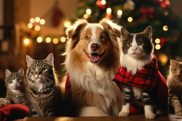 dog and cat dressed in Santa outfits gathered around a beautifully Christmas tree