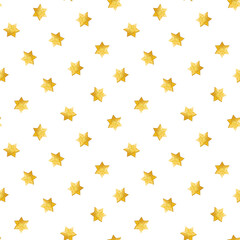 Yellow star of David watercolor seamless pattern on white background for Hanukkah and Sukkot Jewish holidays wrapping paper, textile, fabric and packaging