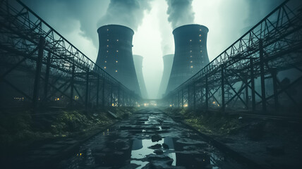Large cooling towers of thermal power plants. White steam comes out of the cooling tower at night.  - obrazy, fototapety, plakaty