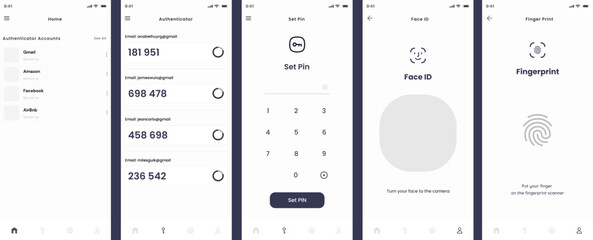 Authenticator Apps and Email Accounts, Password, Pin, Face ID and Finger Print App UI Kit Template
