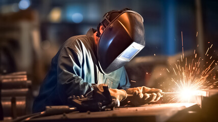 The worker welding metal in manufacturing plant. Heavy-duty industry and manufacturing plant, iron and metal industry worker.
