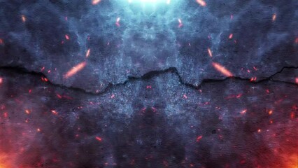A Fire Burning in Front of a Cracked Wall and Scattered Particles. Dark Background for War and Violence Topics.