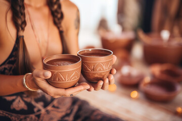 Fototapeta na wymiar Cacao ceremony. Female hands holding a cup of pure organic ceremonial cacao drink.