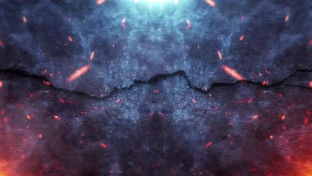 A Fire Burning in Front of a Cracked Wall and Scattered Particles. Dark Background for War and Violence Topics.