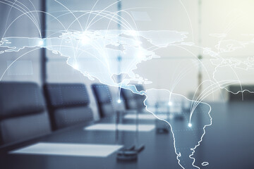 Double exposure of abstract digital world map hologram with connections on a modern boardroom background, big data and blockchain concept