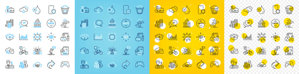 Vector icons set of Web3, Rainy weather and Difficult stress line icons pack for web with Food order, Popcorn, Bike outline icon. Phone protect, Share, Coins pictogram. Parcel delivery. Vector