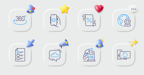 Approved app, Voting ballot and Cloud communication line icons. Buttons with 3d bell, chat speech, cursor. Pack of Video conference, Loan percent, Recovery computer icon. Vector