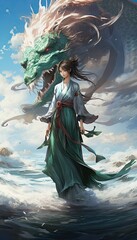 Fototapeta premium A girl in a national dress stands on the edge of the water opposite a large Chinese dragon. Created by AI.