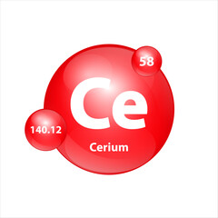 Cerium (Ce) icon structure chemical element round shape circle red easily. Chemical element of periodic table Sign with atomic number. Study in science for education. 3D Illustration vector.