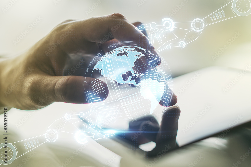 Aufkleber Double exposure of robotics technology with world map hologram and finger clicks on a digital tablet on background. Research and development software concept