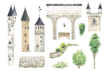 Set of different castle towers, element big bridge, tree and plants. Watercolor collection for your design, fantasy isolated illustration  for design cover books or wallpapers. - 635079753