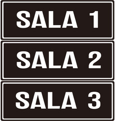 three door signs that says sala 1 sala 2 and sala 3 in portuguese language