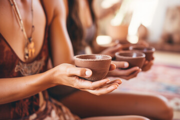Cacao ceremony. Female hands holding a cup of pure  organic ceremonial cacao drink.