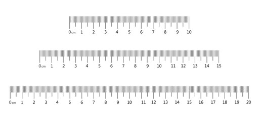 Measuring rulers in centimeters. Rulers for 10, 15, 20 cm. Vector scale in centimeters. Measuring instruments