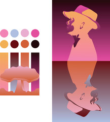 Color palette in pink tones along with coffee tones and gradient ideas for your projects. Example of flat illustration of a man in a hat.