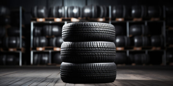 New tires pile on a dark black background. Tire fitting background with stack of car tires. Copy space. 