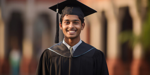 Portrait of Smiling hindu teen young man wearing a graduation cap and robe, standing outside. Horizontal education wallpaper. 