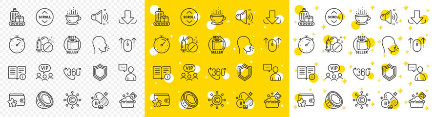 Outline Download, Security and Coconut line icons pack for web with Baggage belt, Folate vitamin, Cough line icon. Swipe up, Loud sound, Medical drugs pictogram icon. Copywriting network. Vector