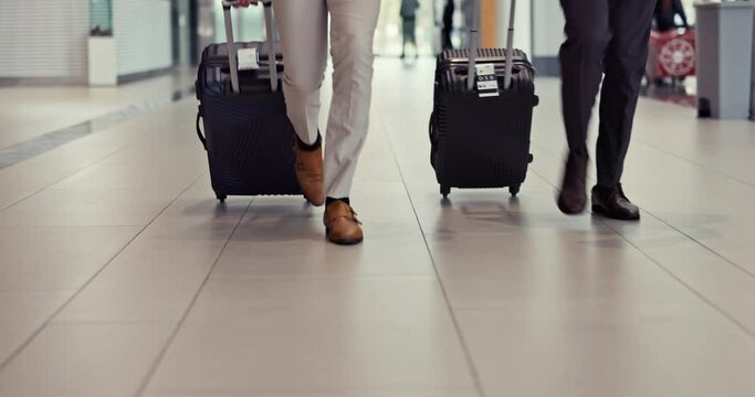 Airport luggage, business people and legs walking for global journey, plane travel or international opportunity. Immigration, flight schedule and closeup team, shoes and steps to airplane booking