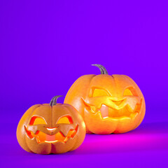 Halloween concept purple background with orange pumpkin Jack o lanterns 3d rendering.