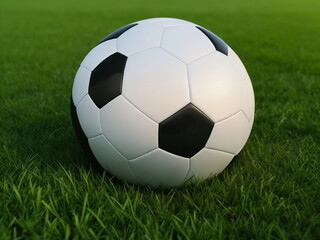 Fototapeta premium A Football ball at green grass in sunrise light. ai generated