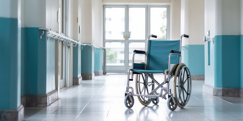 Wheel chair at hospital room, copy space. Empty hospital hall with single handicapped chair.