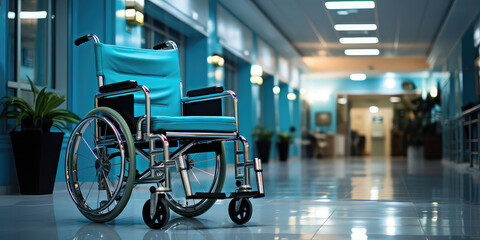 Wheel chair at hospital room, copy space. Empty hospital hall with single handicapped chair.