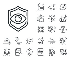 Retina scan sign. Energy, Co2 exhaust and solar panel outline icons. Eye detect line icon. Biometric data symbol. Eye detect line sign. Eco electric or wind power icon. Green planet. Vector